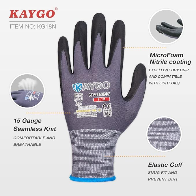 KAYGO Safety Work Gloves MicroFoam Nitrile Coated, 3 Pairs KG18NB,Seamless Knit Nylon Glove for Men and Women, Ideal for Automotive,Warehouse,Construction (X-Large,Gray)
