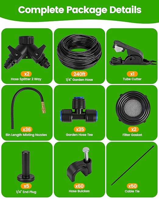 240FT Drip Irrigation System for Garden with 36 Nozzles –360° Adjustable Misting Nozzles, Quick-Connect Design, Ideal for Raised Beds, Lawns, Greenhouses & Outdoor Cooling