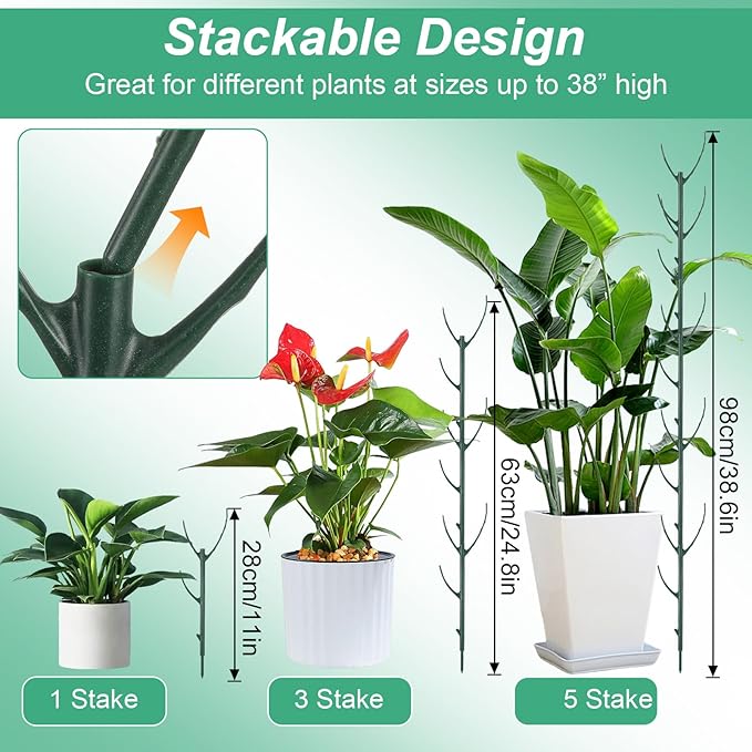 30-Pack Plant Support Stakes with 30Pcs Clips & 1Pc Ties, Stackable Garden Trellis Climbing Poles & Tall Plant Sticks for Indoor Outdoor Potted Plants