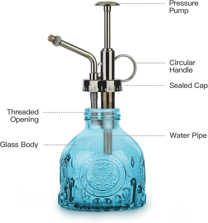 T4U Glass Plant Mister 200ML, Vintage Spray Bottle with Top Pump, Fine Mist Garden Flower Sprayer Small Decorative Spritzer Watering Can Gift for Indoor Outdoor Succulent House Plant (Aqua Blue)