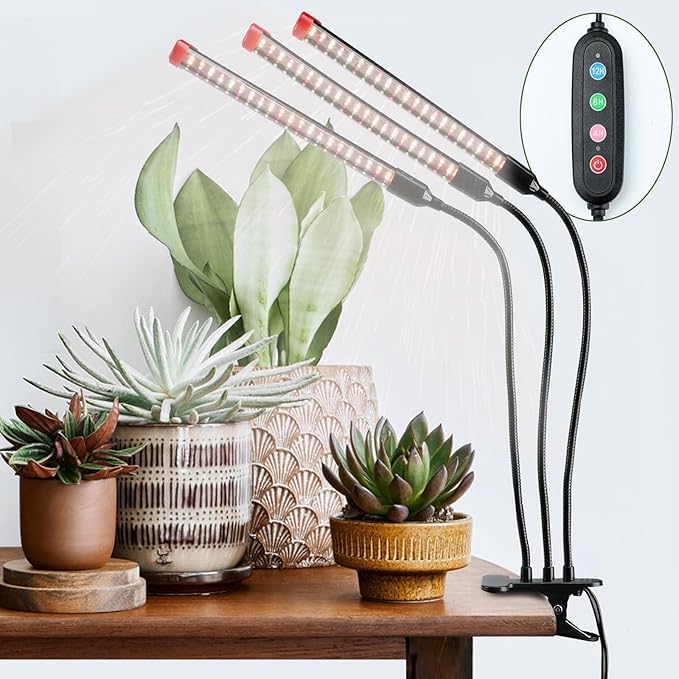 Gamechanger! 27 Watt Power Draw, NO Need Adapter, FECiDA 2026 3Head Clip Grow Lights for Seed Starting, Bonsai, Small Indoor Plants, Enough Bright Like Sun, 4/8/12/16/20H Timer