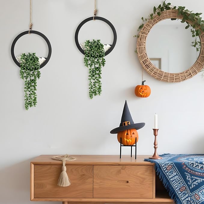 Der Rose 2 Pack Fake Plants Hanging Artificial Succulents Plants in Black Pots for Living Room Bathroom Accessories Boho Farmhouse Wall Decor