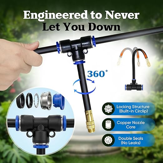 100ft 1/4-Inch Drip Irrigation Kit with 16 Adjustable Copper Nozzles, Automatic Atomizing Watering Sprinkler System for Garden, Raised Beds, Lawn, Greenhouse & Patio