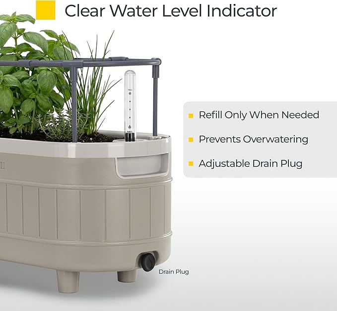 Permasteel Herb Garden Planter with Trellis Support, Self-Watering System with Water Level Indicator, Fits Multiple Herb Plants, for Basil, Flowers, Succulents, Indoor & Outdoor, Taupe