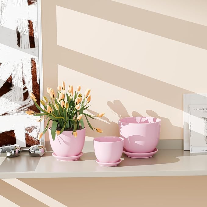 Pink Ceramic Flower Pots,Indoor Decorative Plant Pots Set of 3-4"+5"+6" Inch Small Glazed Succulent Planters with Drainage Hole,Modern Garden Pots with Saucer