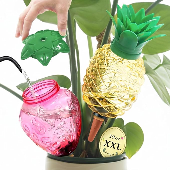 Extra Large Plant Watering Globes for Plants - 19oz Plant Watering Devices, Vacation Self Watering Globes with Slow Release, Indoor Plant Watering Bulbs, Plastic, 2-Pack(1 Pineapple & 1 Strawberry)