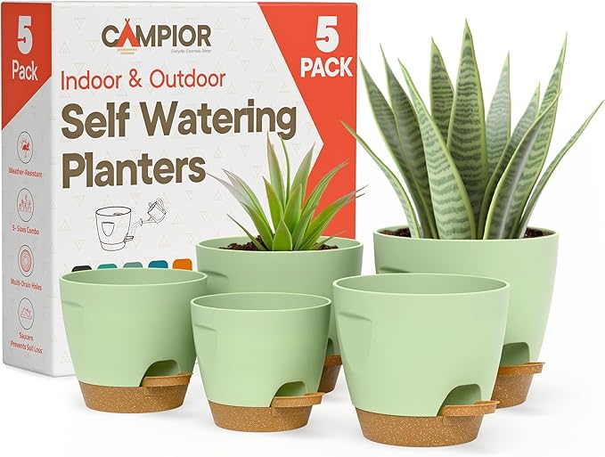 Green Self Watering Pots 5 Pack, Indoor and Outdoor Plant Pots with Wick Rope & Drainage Holes, Easy Watering Lip, Lightweight Plastic Self Watering Planter for Succulents, Houseplants, and Herbs