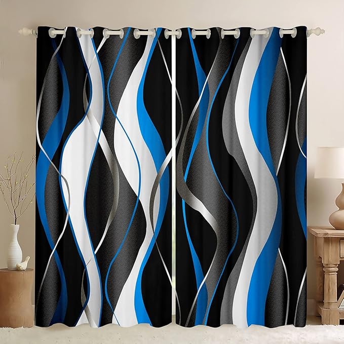 Feelyou Blue Black Curtains Geometric Spiral Pattern Window Drapes for Kids Boys Girls Modern Abstract Blackout Curtain Grey White Window Treatments 38W X 54L，2 Panels