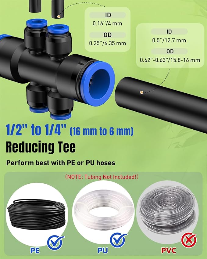 Pawfly 12 Pcs Quick Connect 1/2" to 1/4" Drip Irrigation Fittings for 1/2" Tubing (0.62-0.63" OD), Push-to-Fit 6-Way Reducing Tees Reducer Tee Connectors, Anti-Leak Drip Irrigation Tee Fittings