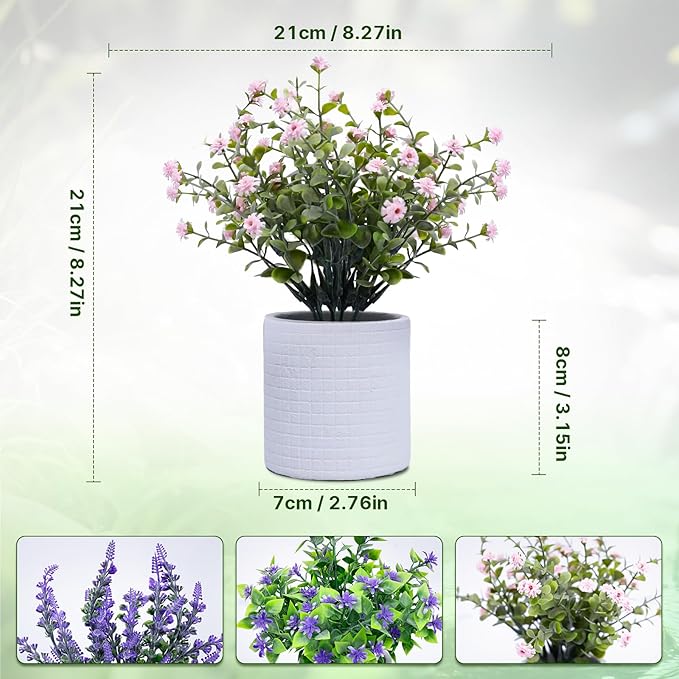 FGSAEOR Mini Potted Fake Plants, Small Artificial Greenery Plants Topiaries, Low Maintenance, Shelf Desk Room Table Office Home Decor (3-Pack) (White Pot - Purple Pink)