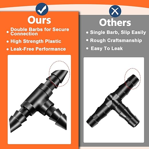 60 Pack Drip Irrigation 1/4" Barbed Tee Fittings, Drip Line Barbed T Connectors for 1/4 Inch Irrigation Tubing Micro Irrigation Connection Parts for Garden Sprinkler Systems