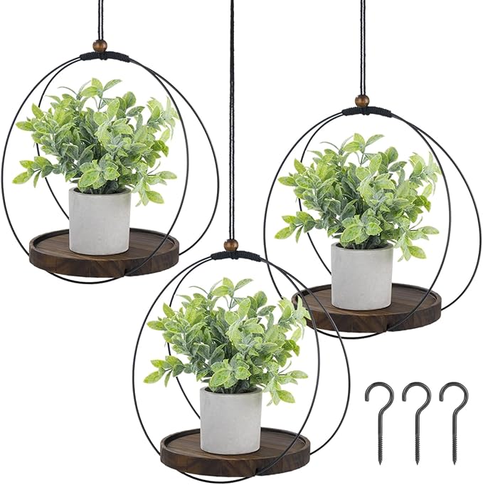 3 Pcs Hanging Plant Shelf, Round Wood Base with Black Metal Frame, Plant Holder with Adjustable Rope for Living Room, Balcony, Bedroom, Indoor Plant Display