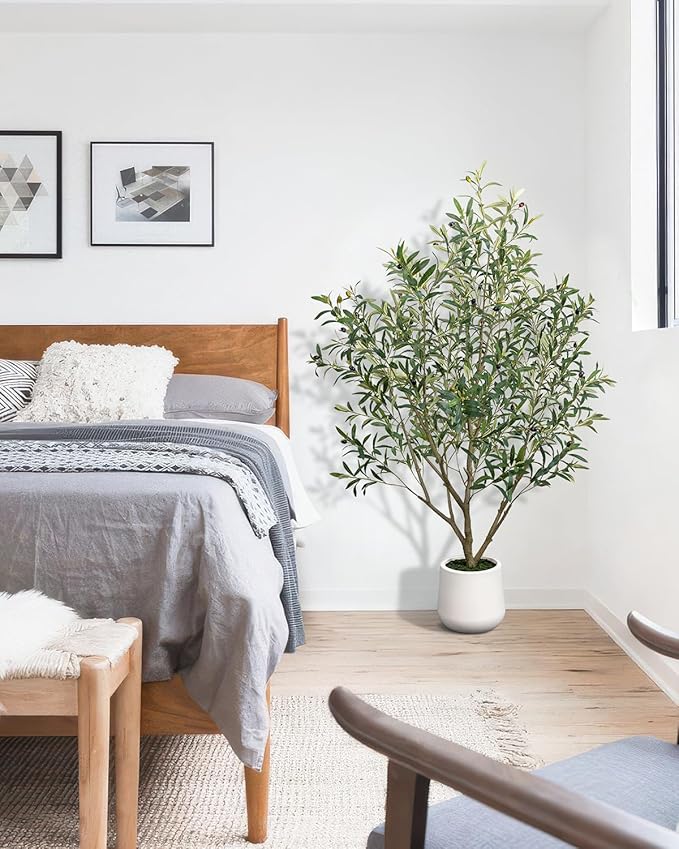 Artificial Olive Tree 5FT - Tall Faux Olive Trees Indoor with White Planter, Large Fake Olive Plants Realistic Branches Natural Thick Trunk and Fruits for Home House Office Decor