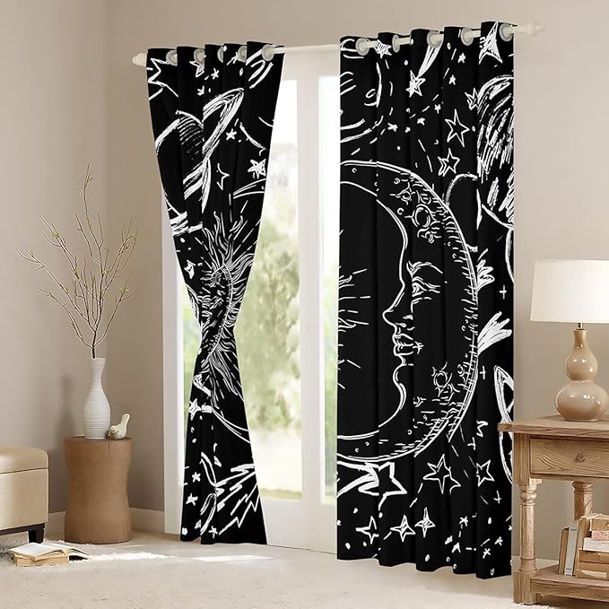Feelyou Sun and Moon Window Drapes Bohemian Style Curtains Kids Room Decor Boys Girls Galaxy Window Treatments Cosmic Celestial Window Curtains Bedroom Living Room 42W X 84L，2 Panels
