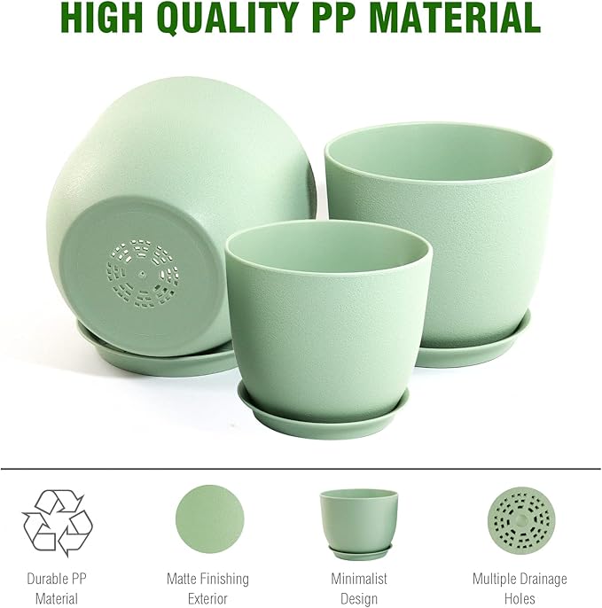 UOUZ 12/10/9 Large Modern Plant Pots, Plastic Planters with Drainage Holes and Saucers for Indoor Outdoor Plants Flowers, Green