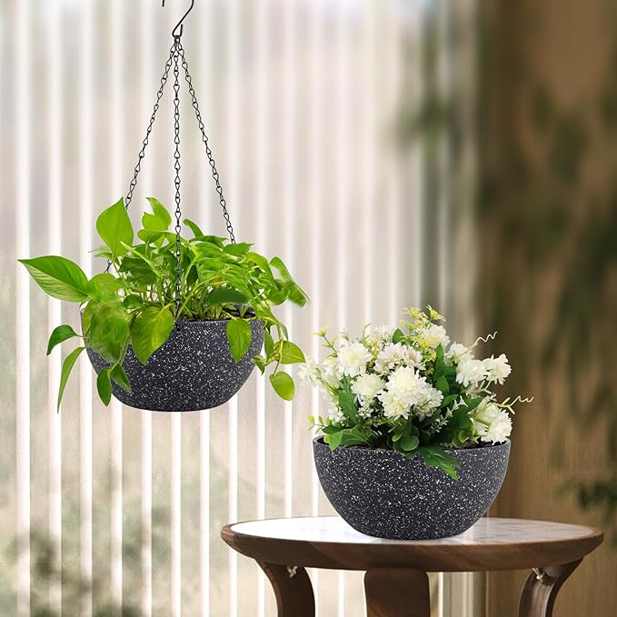 Meowell 10 inch Hanging Planters for Indoor Outdoor Plants, 2 Pack Hanging Flower Plant Pots with Drainage Holes and Chain for Garden Porch, Plastic Hanging Baskets for House Plants, Speckled Black