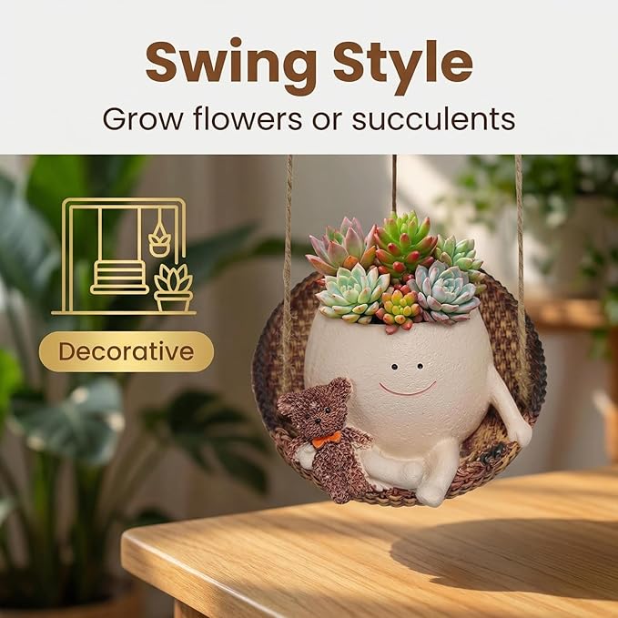 TEARS OF GAIA Hanging Planters for Indoor Plants, Smiley Face Planter Pot Cute Resin Flower Head Planters with Drainage, for Mom, Funny Succulent Plant Lover Gift for Plant Lovers (Teddy Bear)