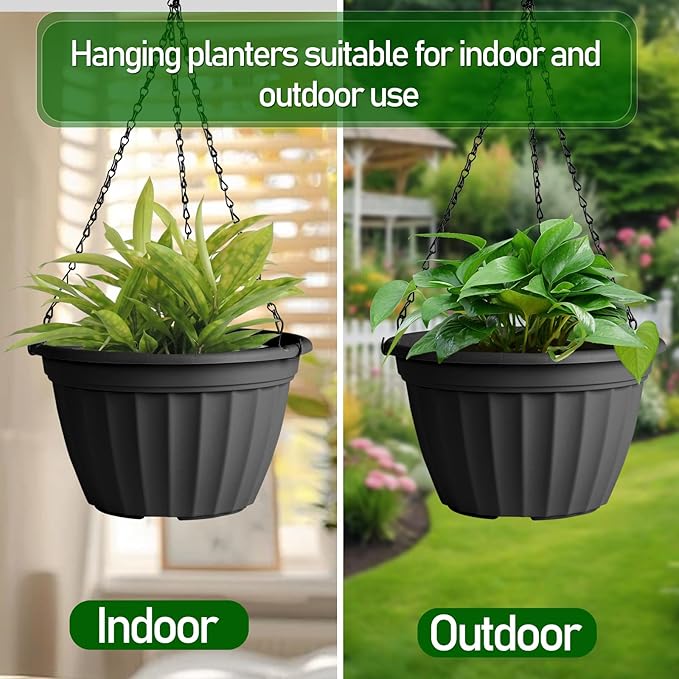 FGstyle Hanging Planters 10 Inch, 6 Pcs Self Watering Pots for Indoor Plants, Plastic Hanging Basket with Soil Elevator and 20" Chain for Home Garden Porch Balcony Patio Decor (Black & White)