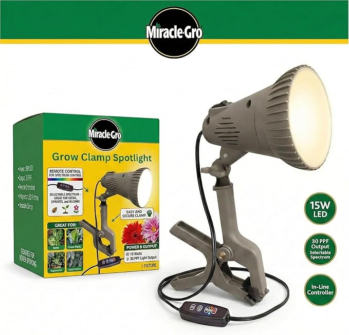 Miracle-Gro Indoor Grow Light Clamp Spotlight with Controller | Full Spectrum 15W LED for Plants, Grow Lights for Indoor Plants, LED Grow Lights
