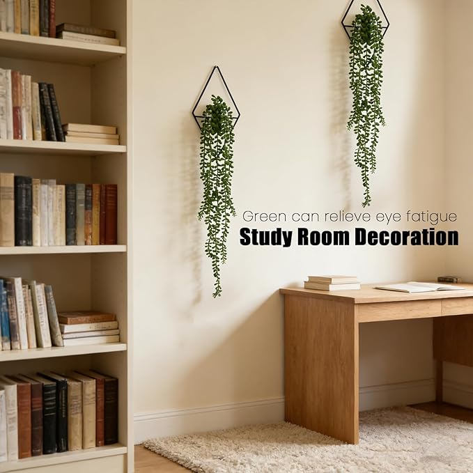 GREENTIME 2 Pack Artificial String of Pearls 22" Fake Hanging Plants with 9.8" Diamond Metal Wall Decor for Living Room Hangling Planter Indoor UV Resistant No Maintenance Boho Outdoor Bedroom