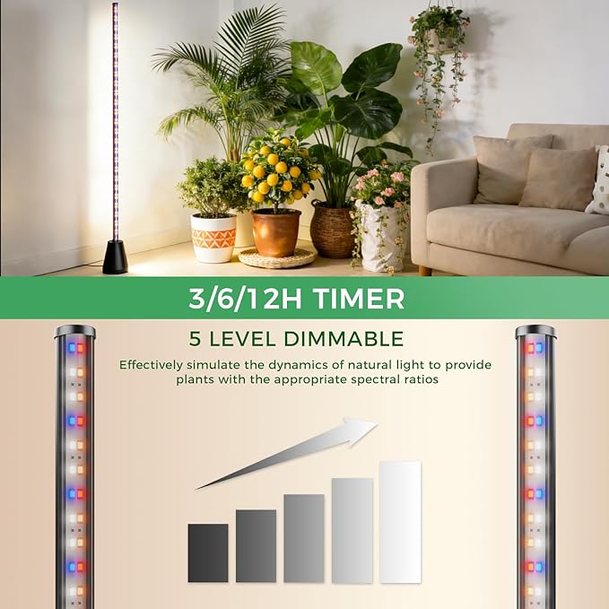 Grow Lights for Indoor Plants with Timer, 60 Inch Vertical Grow Light Full Spectrum 192 LEDs 24W with 3/6/12H Auto On/Off Remote 3 Light Modes 5-Level Dimmable Standing Plant Lamp