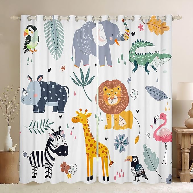Feelyou Kids Zoo Animal Window Curtains Cute Wild Animals Curtains for Bedroom Cartoon Safari Wild Window Drapes for Boys Girls Teens Exotic Natural Theme Window Treatments, 52x90 Inches,2 Panels