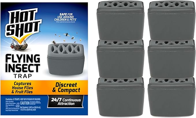 Hot Shot Flying Insect Trap, Discreet, Hassle-Free Trap Attracts, Captures House and Fruit Flies, 24/7 Continuous Attraction, No Plug-in Or Electricity Needed, 6 Count