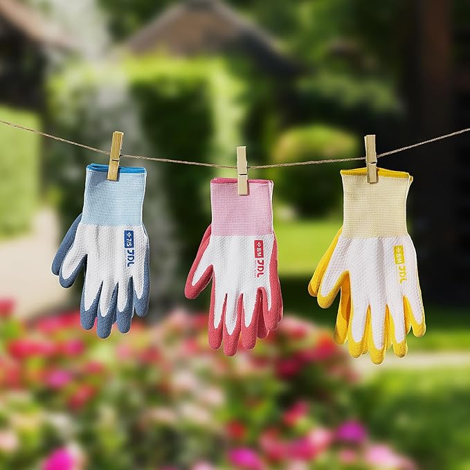 JDL Gardening Gloves for Women, 2 Pairs Breathable Latex Coated Yard Garden Gloves, Rubber Outdoor Protective Work Gloves with Grip, Yellow, Small Size