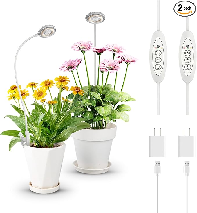 SANSI Upgraded Grow Lights for Indoor Plants, Full Spectrum Pot Clip LED Plant Light for Indoor Growing with Auto On/Off Timer 3/6/12H, 4 Dimmable Brightness, Ideal for Small Indoor Plants, 10W 2 Pack