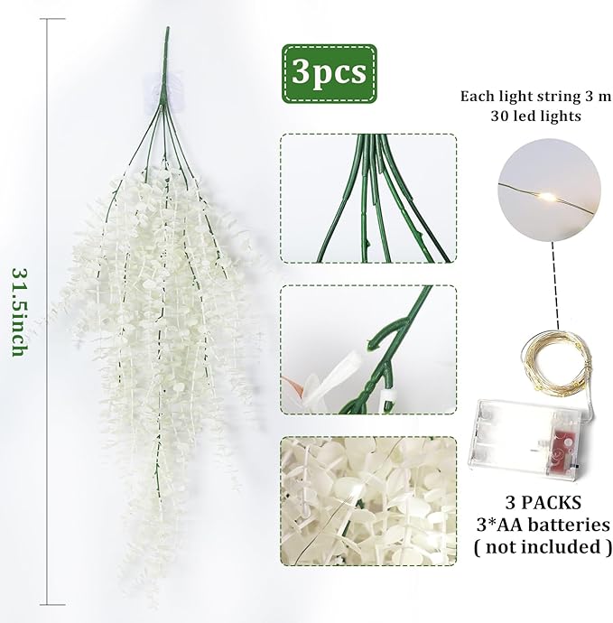 Spring Fake Hanging Plants Artificial Vines Outside Fake Plant Faux Hanging Plants Indoor Money Plants for Room Wedding Proch Yard Outdoor Home Wall Kitchen Bathroom Decoration in 3 Pcs(Pure White)
