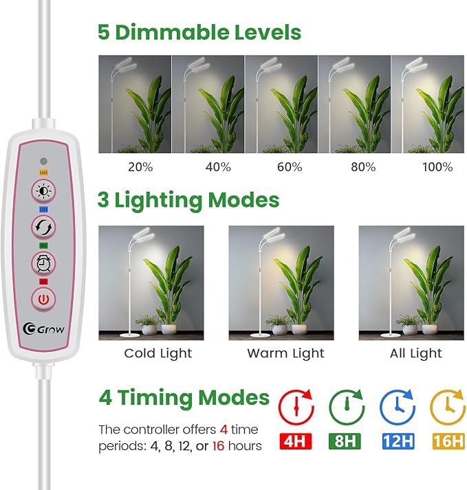 Wiaxulay Grow Lights for Indoor Plants, 306 LED Full Spectrum Plant Light with Stand, Height Adjustable 24-68 in for Growing Large Tall Plants, 4/8/12/16H Timer,3 Lighting Modes,5 Brightness (2 Heads)