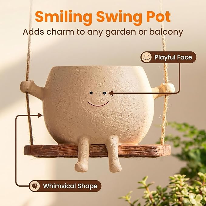 TEARS OF GAIA Hanging Planters for Indoor Plants, Smiley Face Planter Pot Cute Resin Flower Head Planters with Drainage, for Mom, Funny Succulent Plant Lover Gift for Plant Lovers (Big Swing)