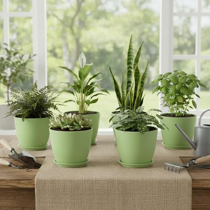 Vanslogreen Plant Pots 8 Inch Set of 6, Flower Pots with Drainage Holes and Saucer, Plastic Garden Planters for Indoor & Outdoor Plants (Green)