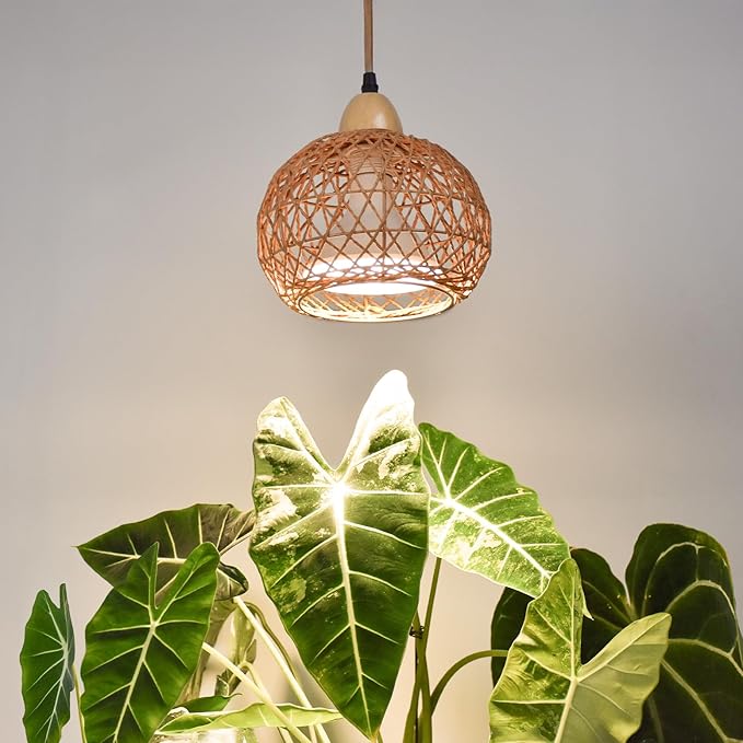 Bstrip Hanging Grow Lights for Indoor Plants, 18W Full Spectrum Plant Light with 4H/9H/14H Timer 15.9 FT Power Cord & Boho Rattan Shade, 3800K Hanging Lights for Indoor Plant, Tall Plant, Flowers