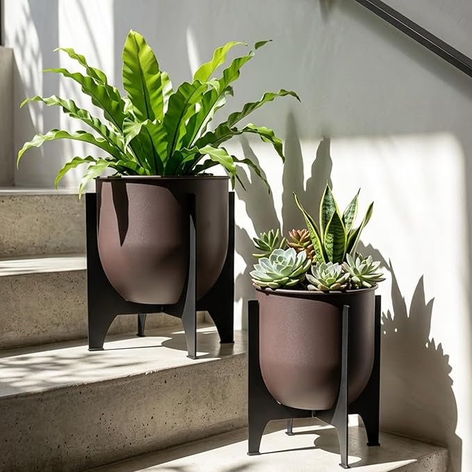 TRIROCKS Set of 2 Planters with Stand Indoor Outdoor Metal Plant Stand 11 &8.5" H Modern Planters Flower Pots for Living Room Corner Kitchen Office Garden Balcony Patio Decor (Brown)