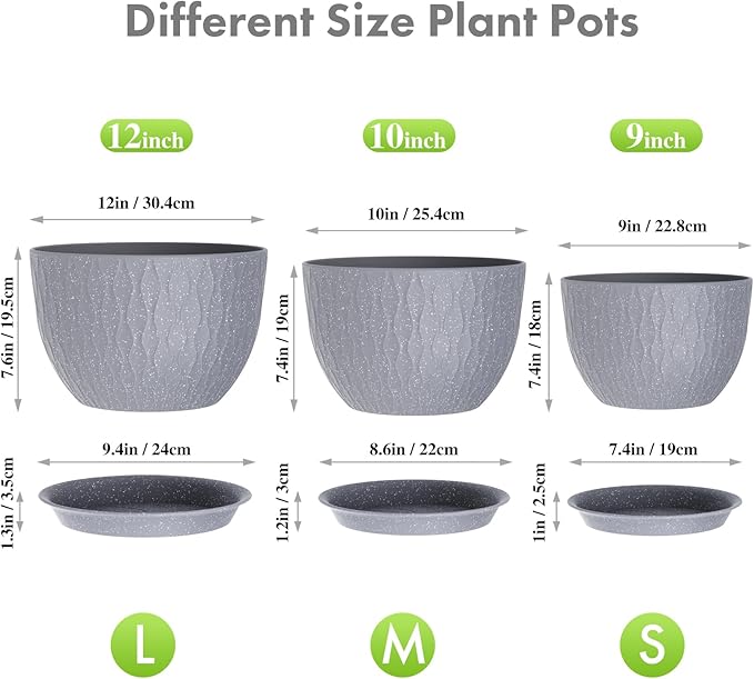 Meowell Large Flower Pots 12/10/9 inch, 3 Set Big Plant Pots for Outdoor Indoor Plants with Water Ripples, Wide Plastic Planters with Drainage Holes and Saucers for Garden House Plants, Speckled Grey