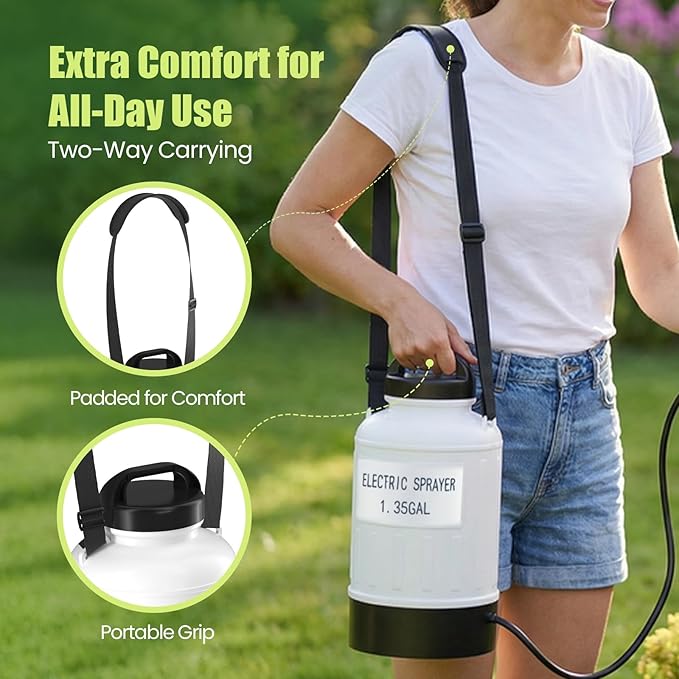 Battery Electric Sprayer, 1.35 Gallon USB Rechargeable Portable Lawn Garden Sprayer with 3.7V Battery, Adjustable Strap, Leak-Proof Wand, 3 Nozzles, 3-Hour Runtime for Plant Care,Outdoor Cleaning