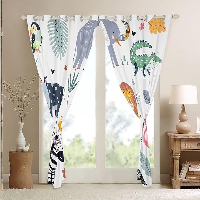 Feelyou Kids Zoo Animal Window Curtains Cute Wild Animals Curtains for Bedroom Cartoon Safari Wild Window Drapes for Boys Girls Teens Exotic Natural Theme Window Treatments, 42x63 Inches,2 Panels