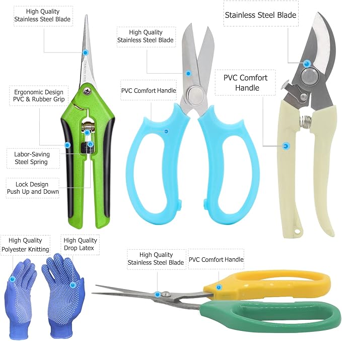 Garden Pruning Shears Garden Scissors Herb Scissors Florist Scissors Floral Snips Bonsai Scissors Hand Pruner with Gardening Gloves,Stainless Steel Straight Tip and Curved Blades,Green+Blue