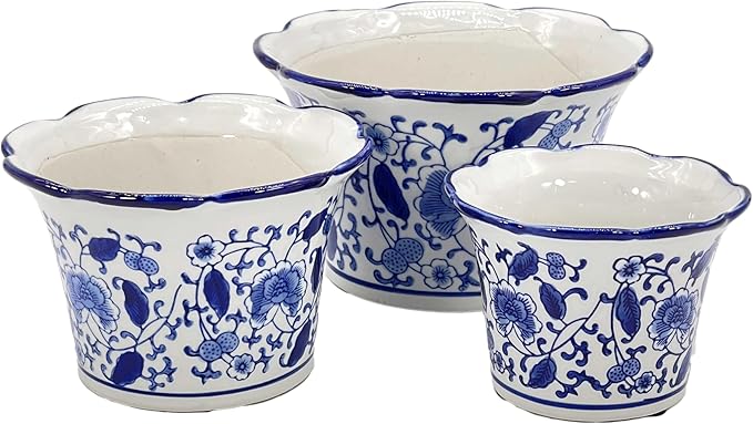 Galt International Blue & White Floral Porcelain Ceramic Decorative Flower Pot 8"/6"/4.5" Garden Pots Chinese Asian Design - Set of 3 Cylinder Fluted Edge