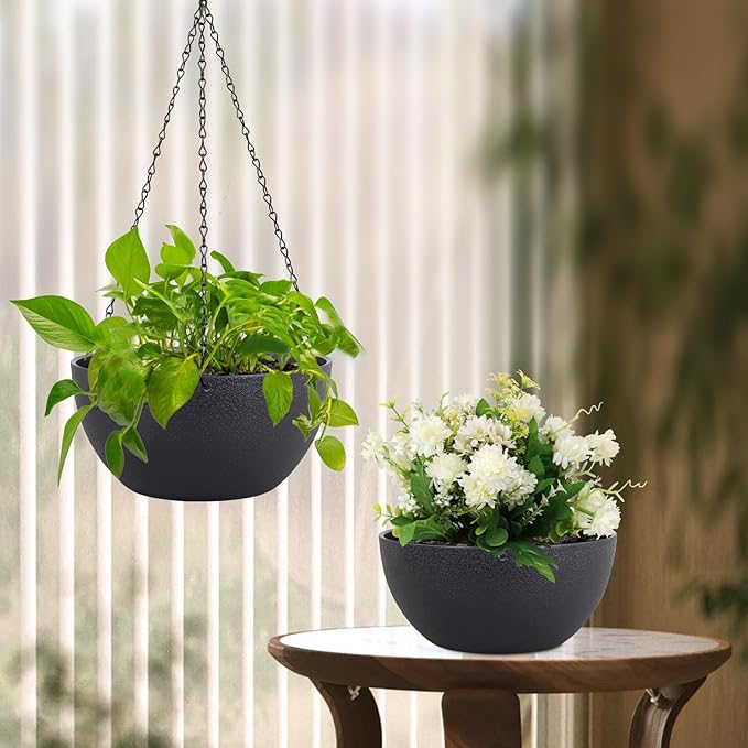 Meowell 12 inch Large Hanging Planters for Indoor Outdoor Plants, 2 Pack Hanging Flower Pots with Drainage Holes and Chain for Garden Porch, Plastic Hanging Baskets for House Plants, Black