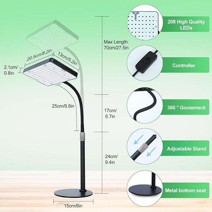 FRGROW 2026 Tabletop Grow Lights for Indoor Plants, Seed Starting, Bonsai, 25 Watt Power Draw, NO Need Adapter, Bright Enough Like A Small Sun, Daisy Chain Function, 16"-24" Height Adjustable