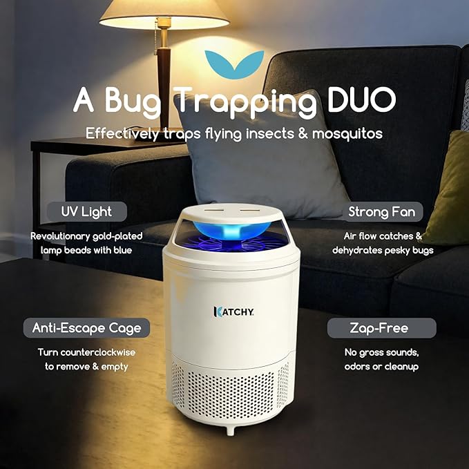Katchy Indoor Flying Insect Trap – Catcher & Killer for Mosquitoes, Fruit Flies, Gnats & Moths – Non-Zapper with Suction & Blue Light – Ideal for Indoor Spaces, Kitchens & Plants (Original, White)