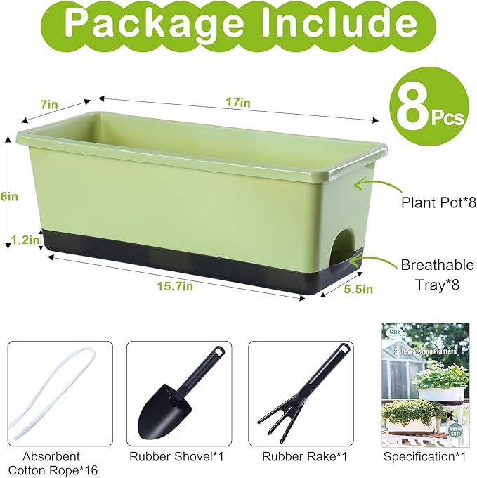 Oliz Window Box Planter 8 Pcs, 17 Inches Rectangle Flower Pots with Drainage Holes & Trays, Vegetable Planters for Windowsill Patio Garden Balcony Home Indoor Outdoor (Light Green, 16 * 7 * 6 inch)