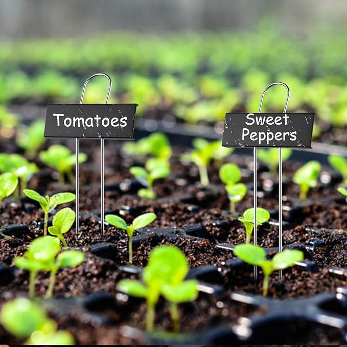 30-Pack Rust-Proof Metal Plant Labels with Galvanized Stakes, Height 10.6" Label Area 3.5"x1.2", Waterproof Weatherproof Garden Markers, Reusable Tags with 2 Pens (Black)