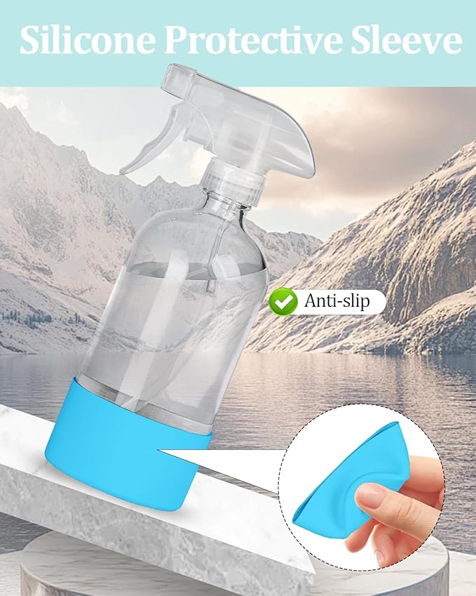2 Pack 360° Glass Spray Bottles with Silicone Sleeve, 16 oz Empty Refillable Containers with Adjustable Spray Nozzles, Spray Bottles for Hair, Cleaning Solutions and Plants Grey&Blue