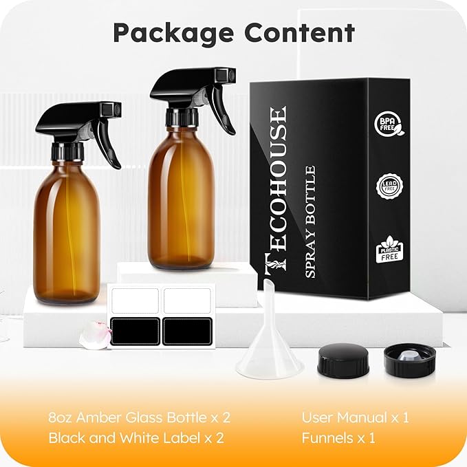 Tecohouse Glass Spray Bottles 8oz, Amber Hair Spray Bottles, 2 Pack Empty Refillable Sprayer Container with Labels, Funnel, Lids, Graduated Pipettes - Handheld Size