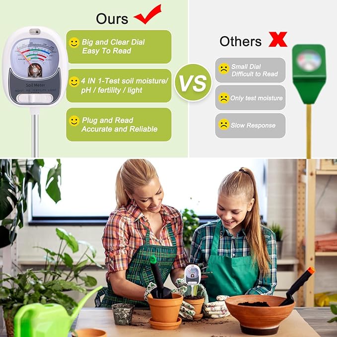 HSLGOVE 4-in-1 Soil Test Kit – Soil Moisture Meter, pH, Fertility & Sun-Light, No Battery Required, Large Dial Soil Tester for Indoor & Outdoor Gardening, Lawn, Farm –Pearl White