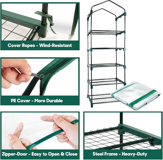KOL 5-Tier Mini Greenhouse - PVC Clear Cover & Steel Frame - Portable Small Green House for Indoor & Outdoor Use - Grow Plants, Seedlings, Herbs