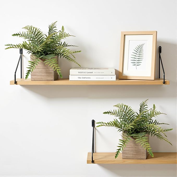 2 Pack Medium Fake Fern Plants with 4 Inch Wooden Planters, 9" Inch Tall Indoor Artificial Fern Plants for Shelves, Desktop, Bedroom, Office Decor